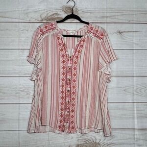 Mason & Belle Pink Red Striped Embroidered V-Neck Flutter Sleeve Blouse 3X